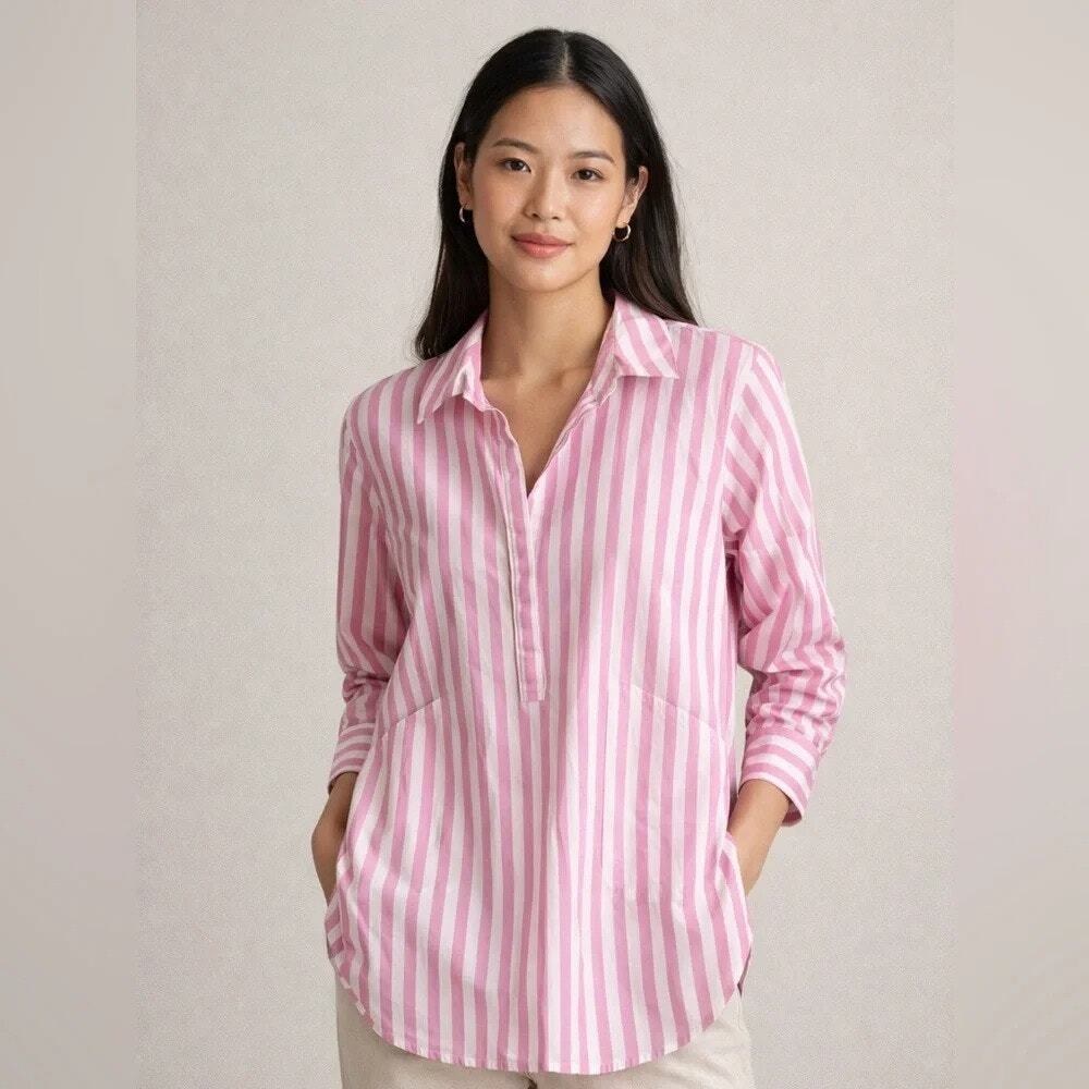J. Crew Pink Stripe Collared Popover Side Pockets Cotton Preppy Tunic Shirt S